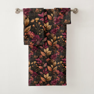 Conjunto De Toalhas Flores Botânicos Aquarela Dourado Borgonha Preto