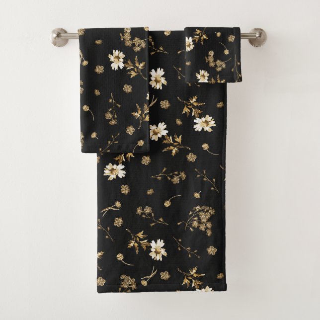 Conjunto De Toalhas Flores brancas beige em preto (Insitu)