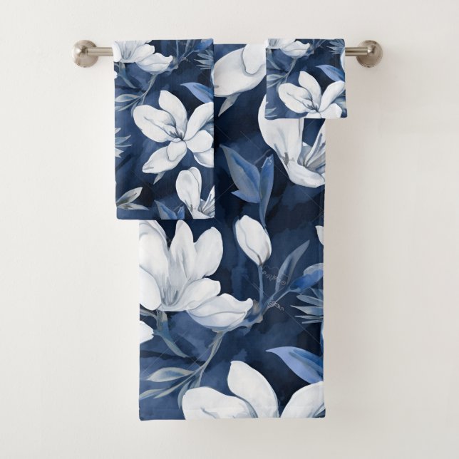 Conjunto De Toalhas Flores Brancas da Magnolia, Fundo Azul (Insitu)