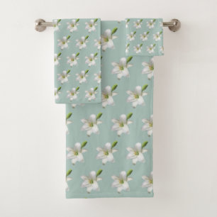 Conjunto De Toalhas Flores Brancas Elegantes em Verde Louro