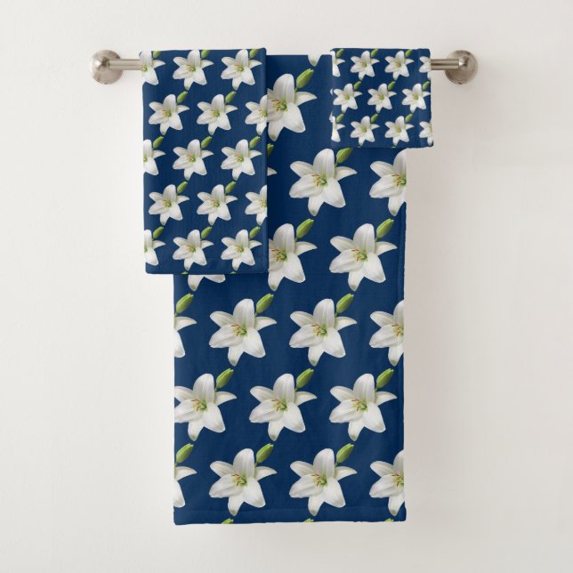 Conjunto De Toalhas Flores Brancas Elegantes no Azul da Prússia (Insitu)