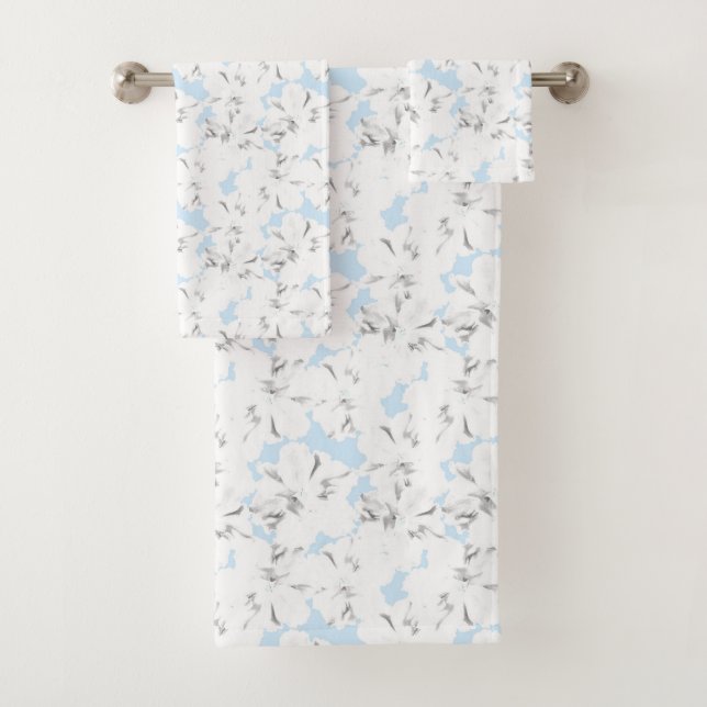 Conjunto De Toalhas Flores brancas em azul claro. (Insitu)