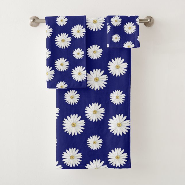 Conjunto De Toalhas Flores Brancas em Azul Marinho (Insitu)