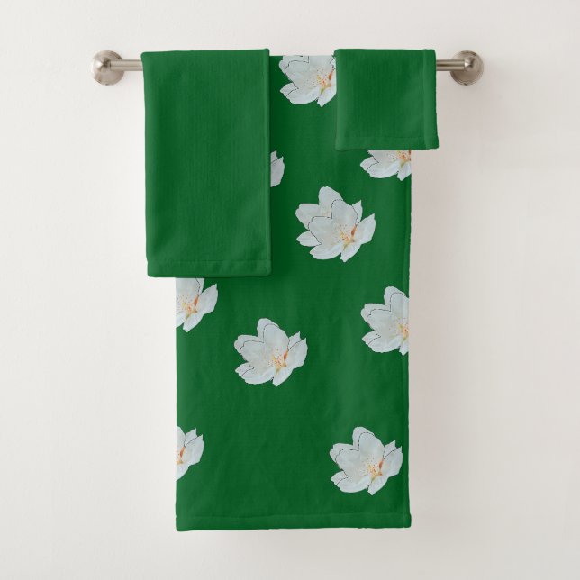 Conjunto De Toalhas Flores Brancas Em Verde Floresta   (Insitu)