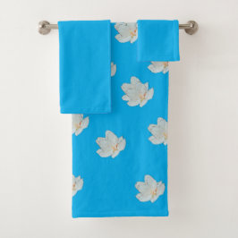 Conjunto De Toalhas Flores Brancas Sobre Azul Azureo