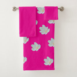 Conjunto De Toalhas Flores Brancas Sobre Rosa Quente