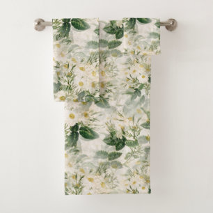 Conjunto De Toalhas Flores Brancas Suaves Românticas e Folhas Verdes