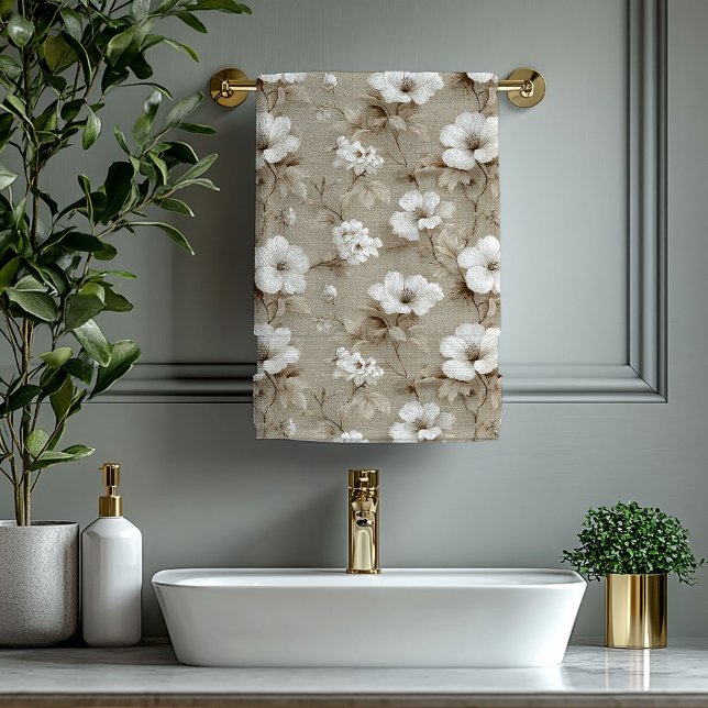 Conjunto De Toalhas Flores brancas tons terrosos banho moderno minimal (White flowers earthy tones minimalist modern bath towel

)