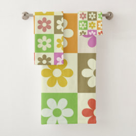 Conjunto De Toalhas Flores Coloridas de Estilo Retrô em Padrão de Xadr