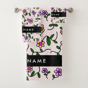 Conjunto De Toalhas Flores Coloridas, Fundo Rosa, Preto