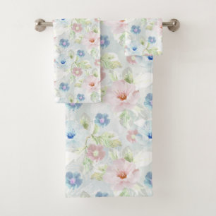 Conjunto De Toalhas Flores cor-de-água rosa e azul.