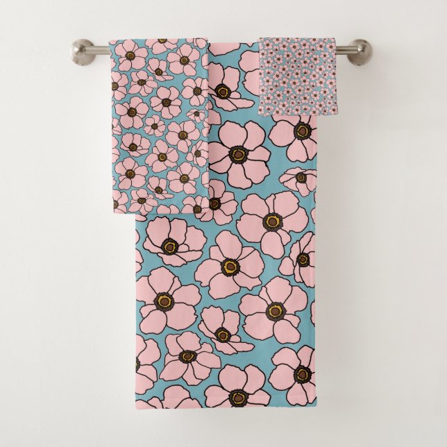 Conjunto De Toalhas Flores Cor-de-Rosa Com Azul (Insitu)