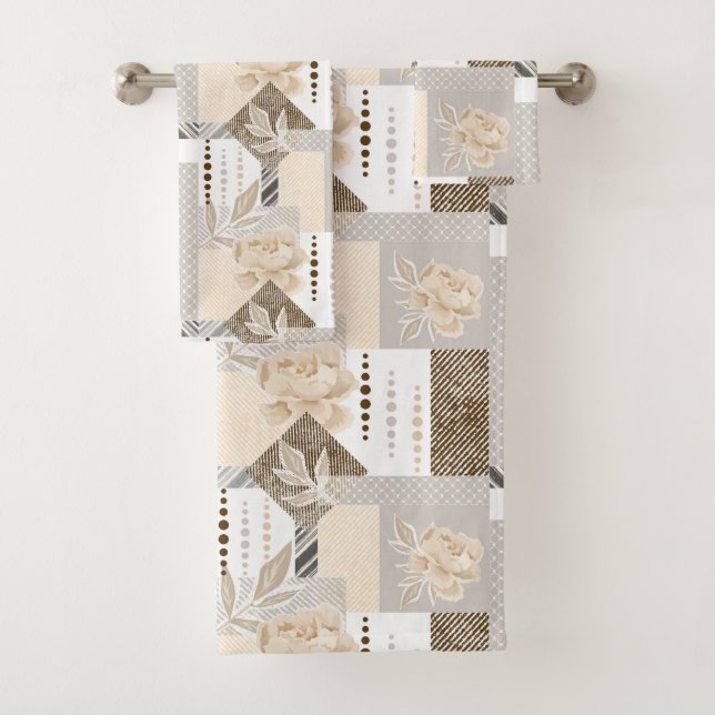 Conjunto De Toalhas Flores creme sobre branco (Insitu)