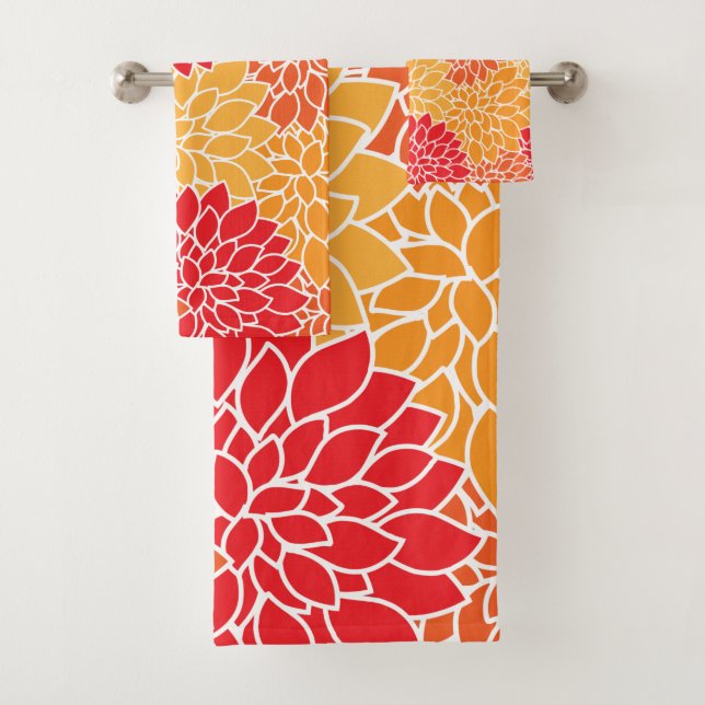 Conjunto De Toalhas Flores Dahlia, Padrão De Flores, Laranja Dahlia (Insitu)