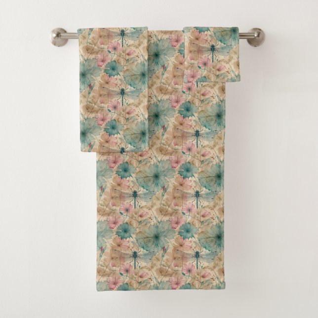 Conjunto De Toalhas Flores de Aguarela Rosa Azul Bege e Libélula  (Insitu)