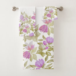 Conjunto De Toalhas Flores de Aguarela Violeta Rosa Pintadas à Mão