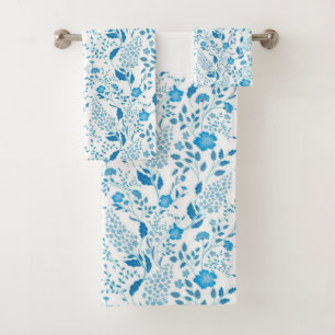 Conjunto De Toalhas Flores de Borda Floral e Fundo Branco de Folhagem