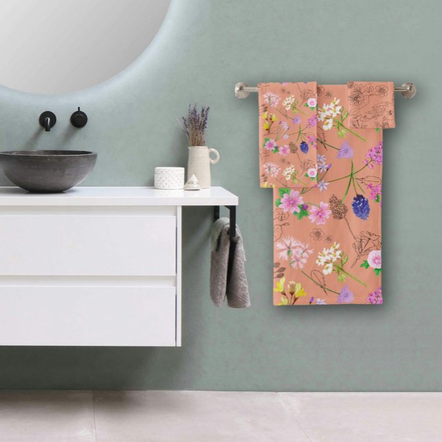 Conjunto De Toalhas Flores de campo, pintadas à mão em aquarela, laran (Field flowers, hand-painted in watercolour, orange bath towel set
)