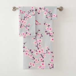 Conjunto De Toalhas Flores de Cerejeira Rosa Cinza