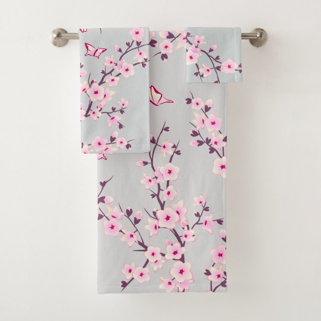 Conjunto De Toalhas Flores de Cerejeira Rosa Cinza (Insitu)