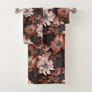 Conjunto De Toalhas Flores de creme, teracote sobre fundo castanho esc