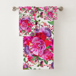 Conjunto De Toalhas Flores de Fúcsia em Aquarela