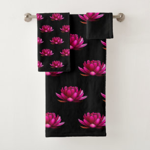 Conjunto De Toalhas Flores de Lotus Rosa Profundo em Preto