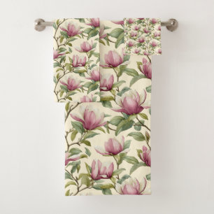 Conjunto De Toalhas Flores de Magnólia Rosa em Aquarela Elegante