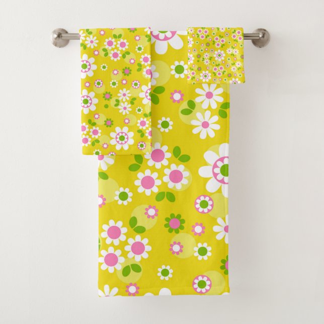 Conjunto De Toalhas Flores de Mod Retro Amarelo e Branco (Insitu)