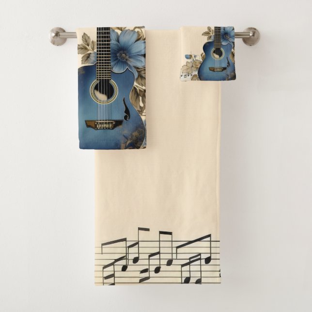 Conjunto De Toalhas Flores de Notas de Música de Violão Azul (Insitu)