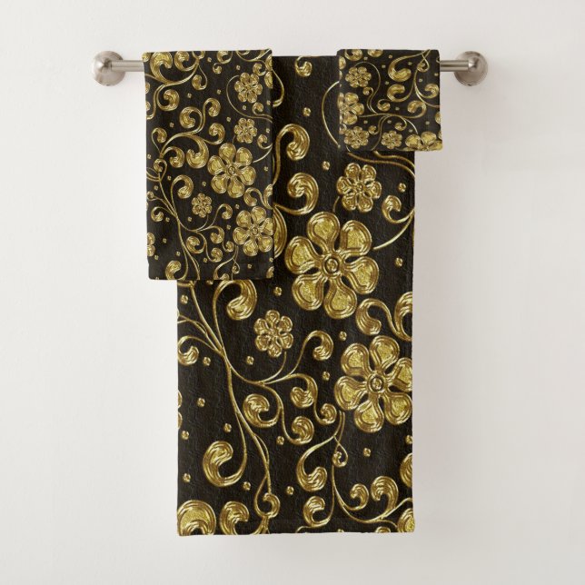 Conjunto De Toalhas Flores de Ouro Elegantes, Preto (Insitu)