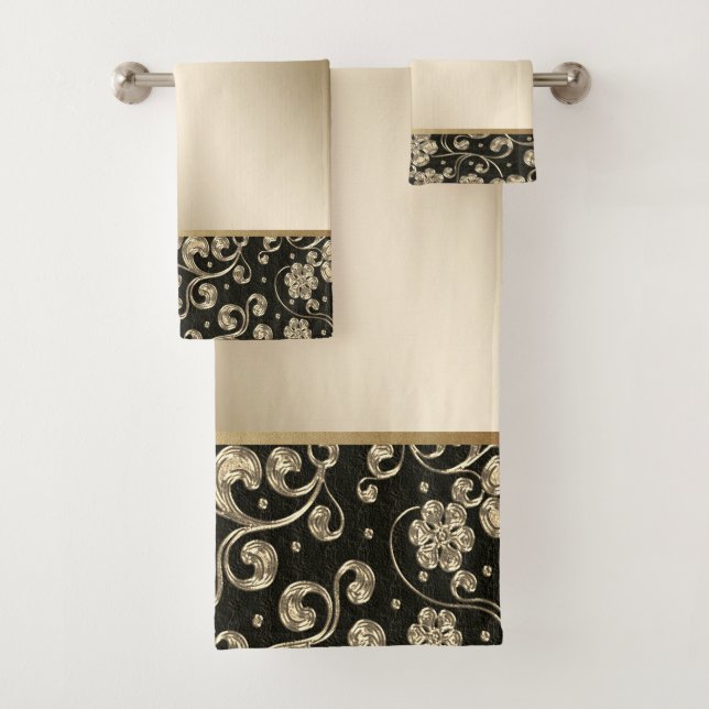 Conjunto De Toalhas Flores de Ouro Elegantes, Preto (Insitu)