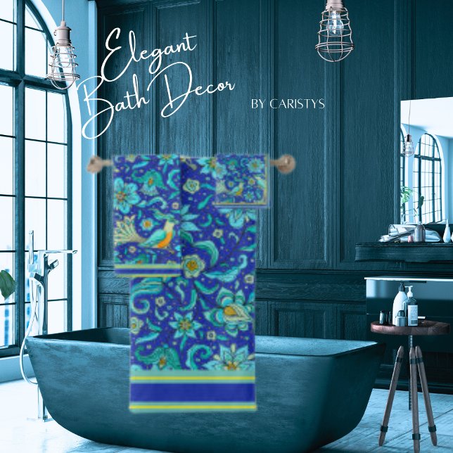 Conjunto De Toalhas Flores de Pássaros Azul Real, Amarelo, Aqua  (Criador carregado)