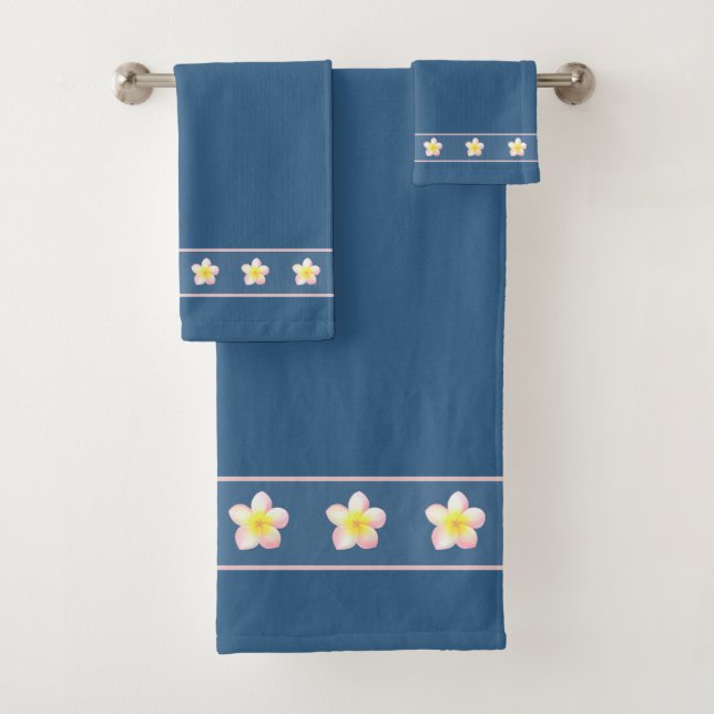 Conjunto De Toalhas Flores de Plumeria Elegante Frangipani em Azul Prê (Insitu)
