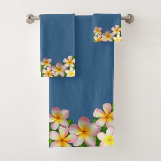 Conjunto De Toalhas Flores de Plumeria em Azul Prêmio (Insitu)