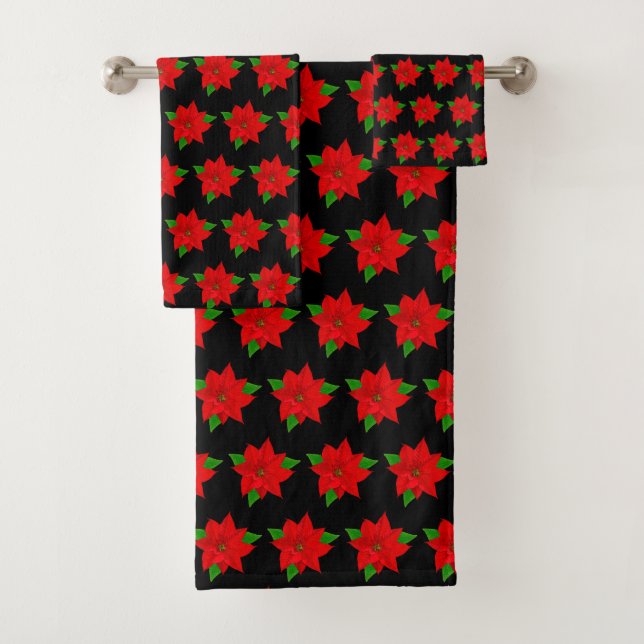 Conjunto De Toalhas Flores de Poinsettia Vermelhas em Preto (Insitu)