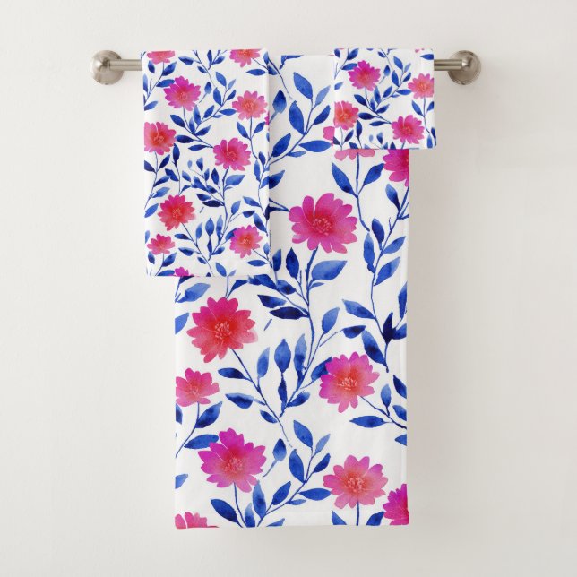Conjunto De Toalhas Flores de Primavera em Aquarela Rosa & Azul Floral (Insitu)