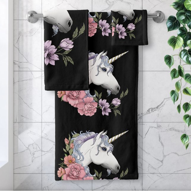 Conjunto De Toalhas Flores de Unicórnio Branco Encantado Rosa Preto (Criador carregado)