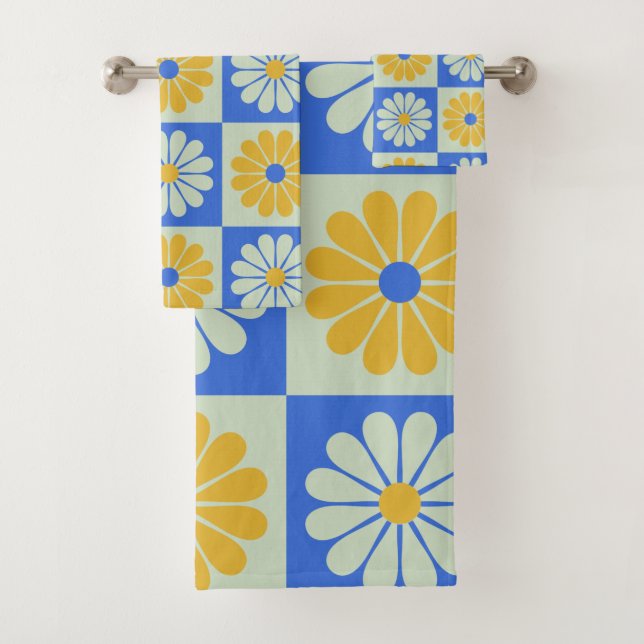 Conjunto De Toalhas Flores do Meio século Retrotraidor em Azul e Amare (Insitu)