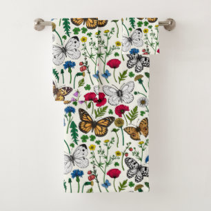 Conjunto De Toalhas Flores e borboletas selvagens em branco