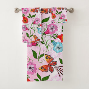 Conjunto De Toalhas Flores E Borboletas Vermelhos Cor-De-Rosa Elegante