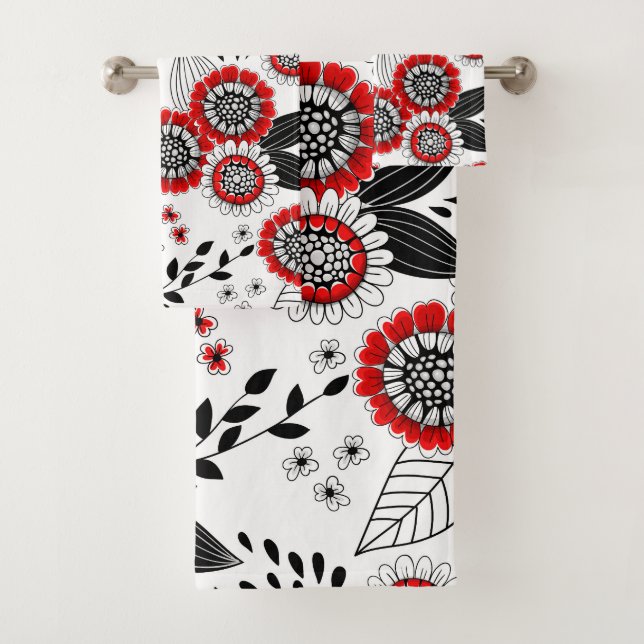 Conjunto De Toalhas Flores e folhas de rabo em vermelho e preto (Insitu)