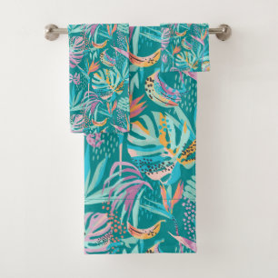 Conjunto De Toalhas Flores e folhas tropicais coloridas