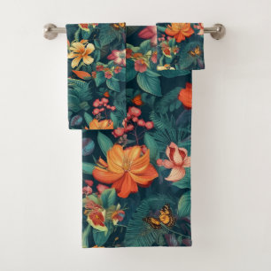 Conjunto De Toalhas Flores e Folhas Tropicais com Borboletas