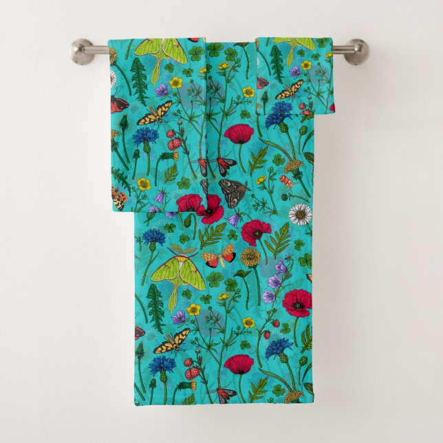 Conjunto De Toalhas Flores e mariposas selvagens em teal (Insitu)