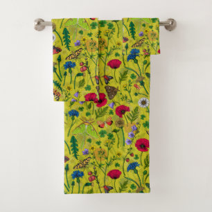 Conjunto De Toalhas Flores e mariposas selvagens em verde