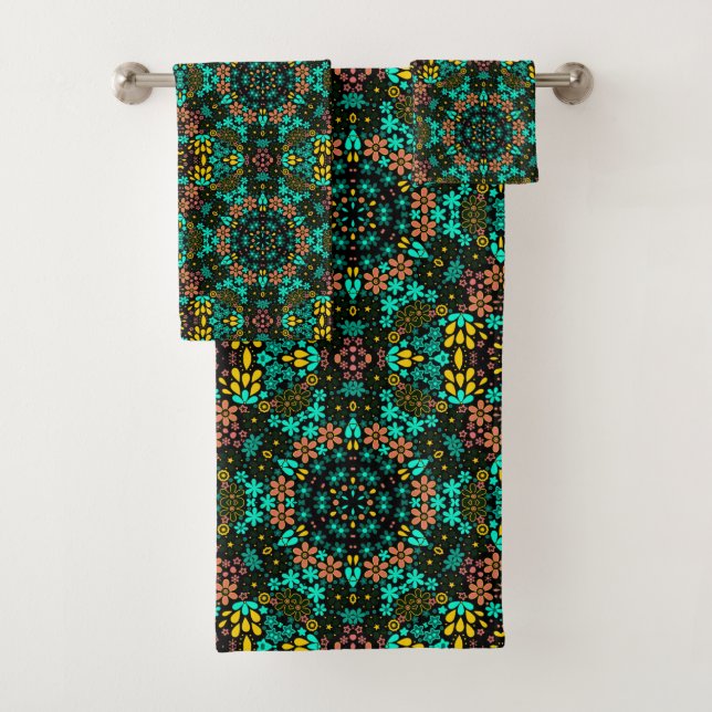 Conjunto De Toalhas Flores florais caleidoscópicas abstrato (Insitu)