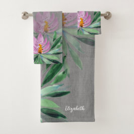 Conjunto De Toalhas Flores Florescem Lilás Rosa Aquarela Monogramada