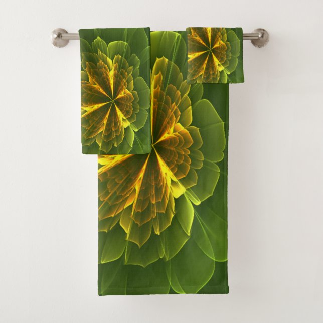 Conjunto De Toalhas Flores Fractais Amarelas Verdes Fantasy (Insitu)