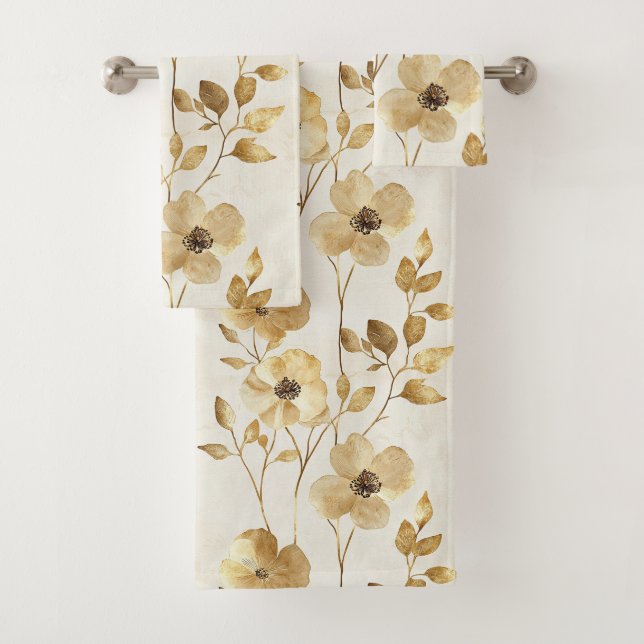 Conjunto De Toalhas Flores Glam Dourado Chic (Insitu)